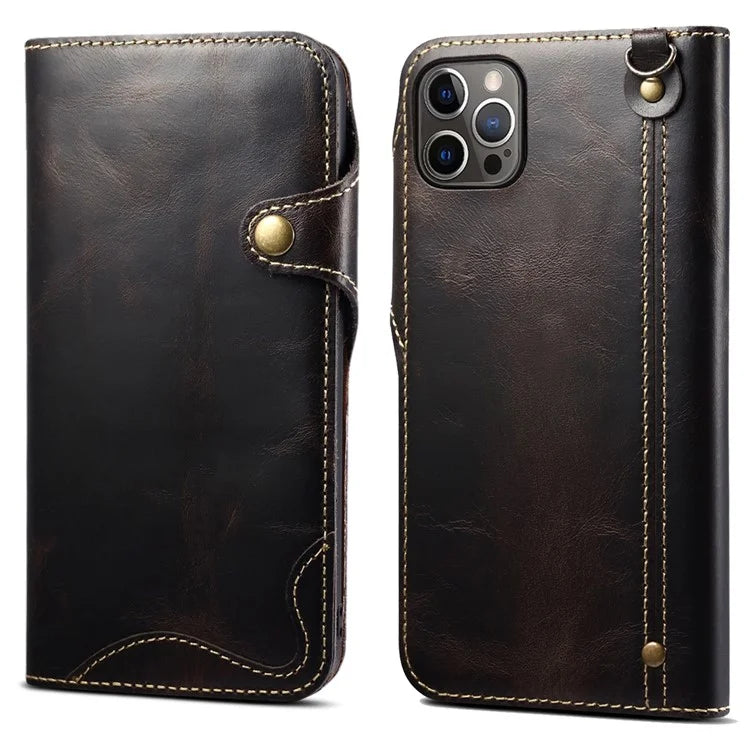 For iPhone 15 Pro Case Waxy Genuine Cow Leather Phone Wallet Shockproof Cover
