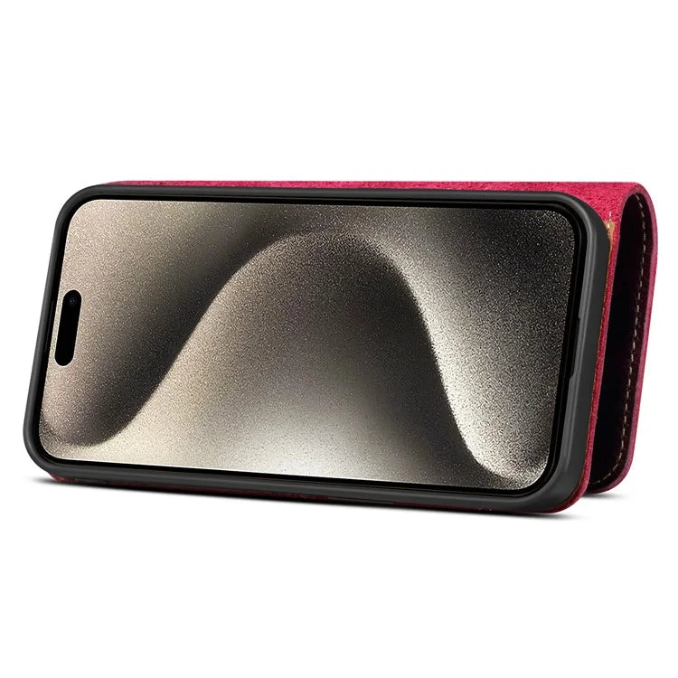 For iPhone 15 Pro Case Waxy Genuine Cow Leather Phone Wallet Shockproof Cover