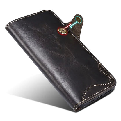 For iPhone 15 Pro Case Waxy Genuine Cow Leather Phone Wallet Shockproof Cover