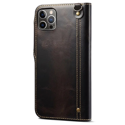 For iPhone 15 Pro Case Waxy Genuine Cow Leather Phone Wallet Shockproof Cover