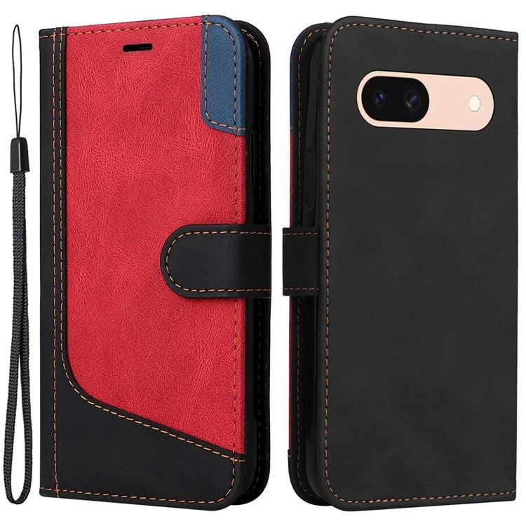 For Google Pixel 8a Case Three-color Splicing Leather Wallet Stand Cover with Strap