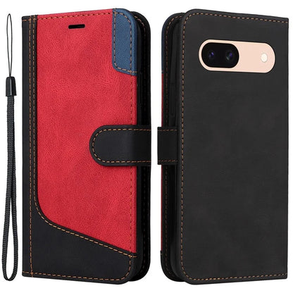 For Google Pixel 8a Case Three-color Splicing Leather Wallet Stand Cover with Strap