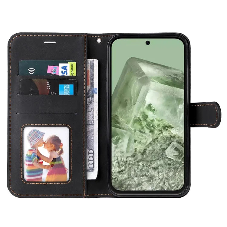 For Google Pixel 8a Case Three-color Splicing Leather Wallet Stand Cover with Strap