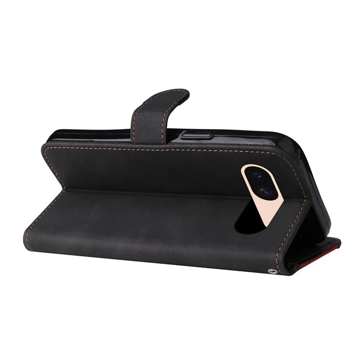 For Google Pixel 8a Case Three-color Splicing Leather Wallet Stand Cover with Strap