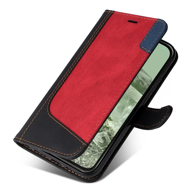 For Google Pixel 8a Case Three-color Splicing Leather Wallet Stand Cover with Strap