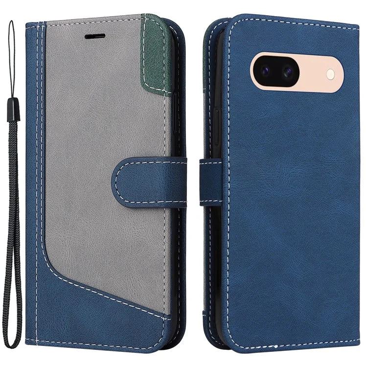 For Google Pixel 8a Case Three-color Splicing Leather Wallet Stand Cover with Strap