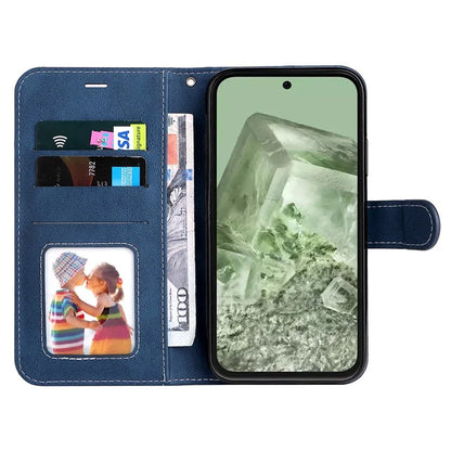 For Google Pixel 8a Case Three-color Splicing Leather Wallet Stand Cover with Strap