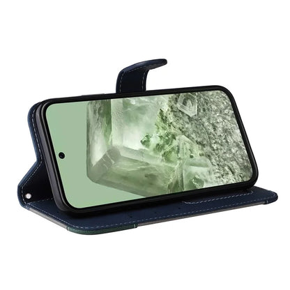 For Google Pixel 8a Case Three-color Splicing Leather Wallet Stand Cover with Strap