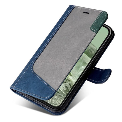 For Google Pixel 8a Case Three-color Splicing Leather Wallet Stand Cover with Strap
