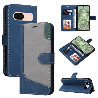 For Google Pixel 8a Case Three-color Splicing Leather Wallet Stand Cover with Strap