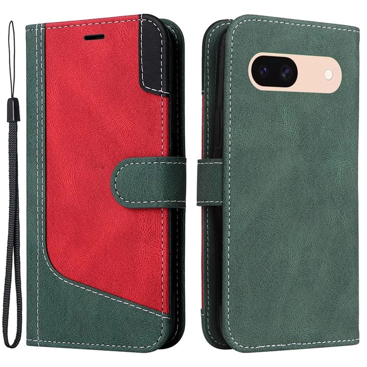 For Google Pixel 8a Case Three-color Splicing Leather Wallet Stand Cover with Strap