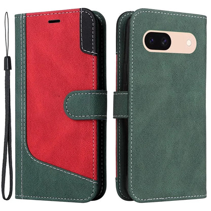 For Google Pixel 8a Case Three-color Splicing Leather Wallet Stand Cover with Strap