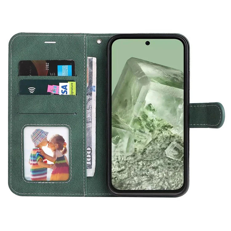 For Google Pixel 8a Case Three-color Splicing Leather Wallet Stand Cover with Strap
