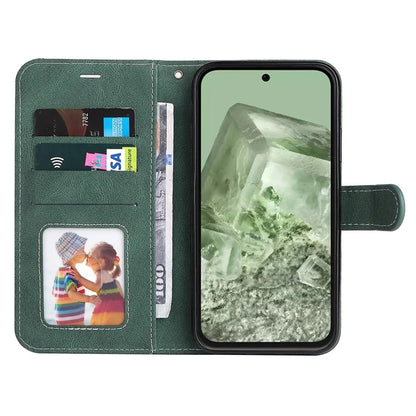 For Google Pixel 8a Case Three-color Splicing Leather Wallet Stand Cover with Strap