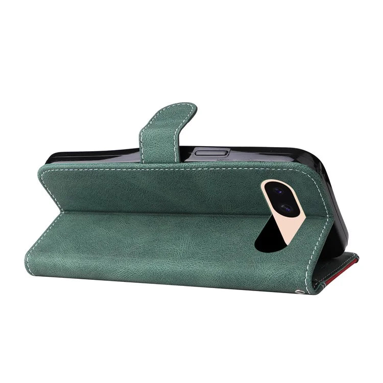 For Google Pixel 8a Case Three-color Splicing Leather Wallet Stand Cover with Strap