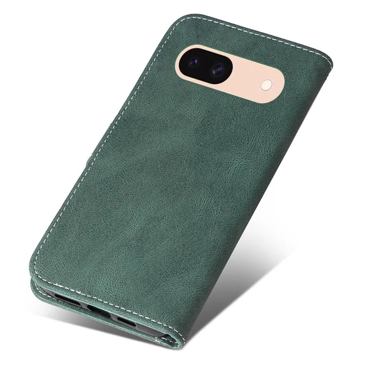 For Google Pixel 8a Case Three-color Splicing Leather Wallet Stand Cover with Strap