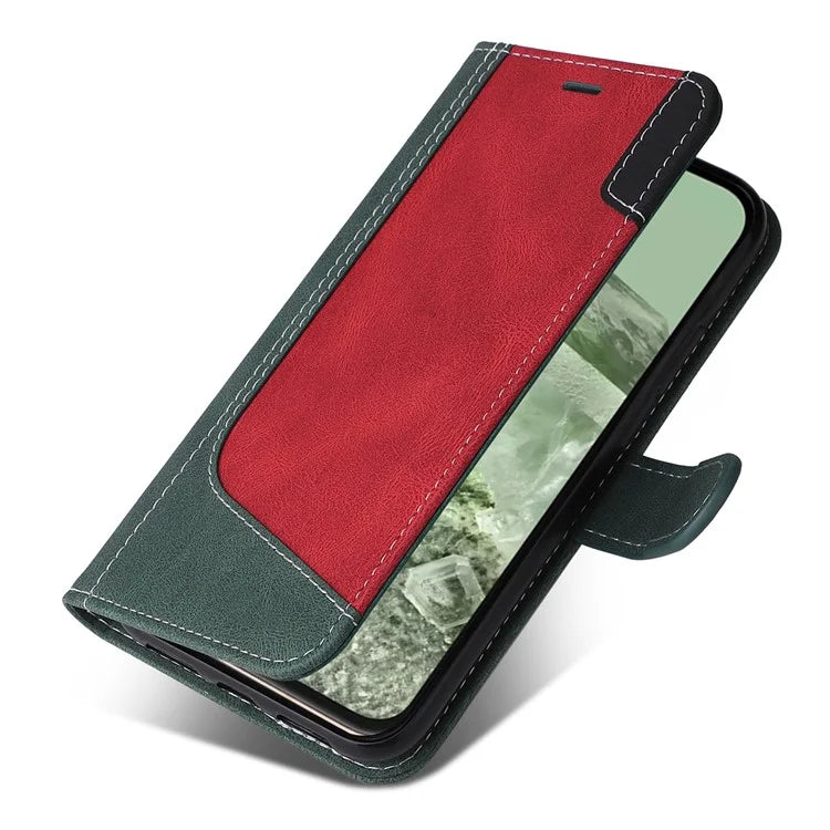 For Google Pixel 8a Case Three-color Splicing Leather Wallet Stand Cover with Strap