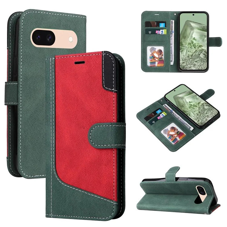 For Google Pixel 8a Case Three-color Splicing Leather Wallet Stand Cover with Strap