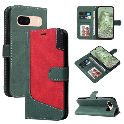 For Google Pixel 8a Case Three-color Splicing Leather Wallet Stand Cover with Strap