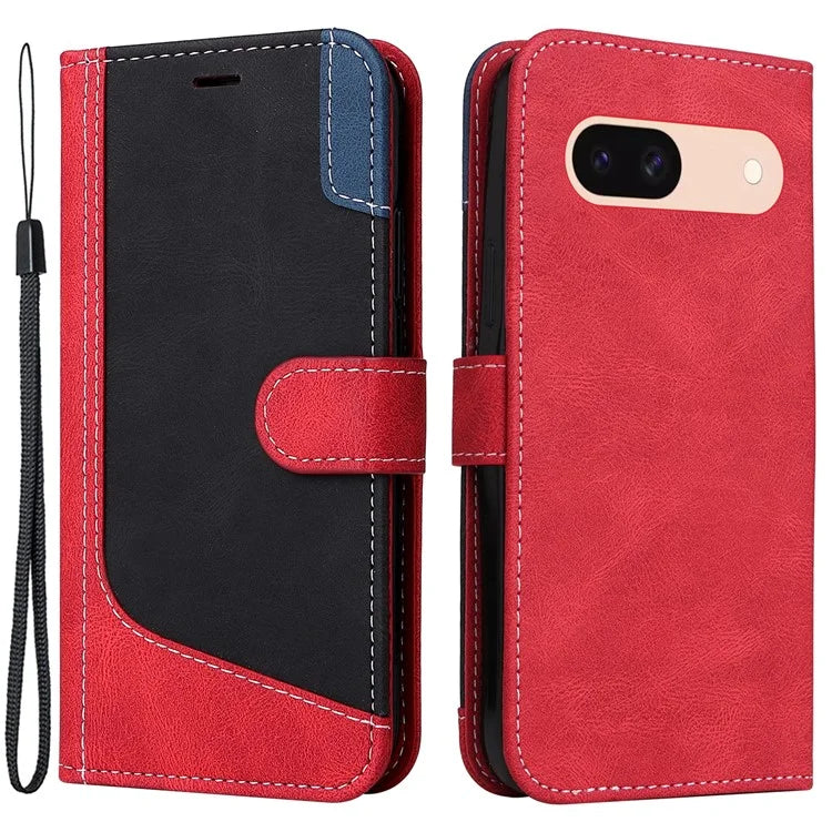 For Google Pixel 8a Case Three-color Splicing Leather Wallet Stand Cover with Strap