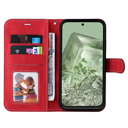 For Google Pixel 8a Case Three-color Splicing Leather Wallet Stand Cover with Strap