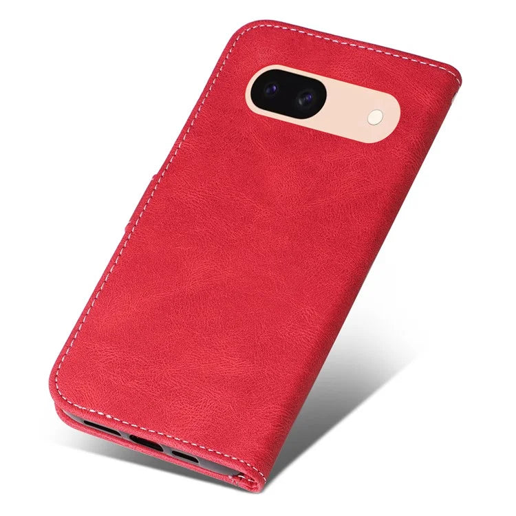 For Google Pixel 8a Case Three-color Splicing Leather Wallet Stand Cover with Strap