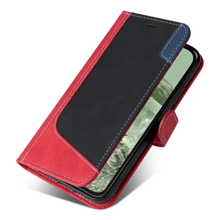 For Google Pixel 8a Case Three-color Splicing Leather Wallet Stand Cover with Strap