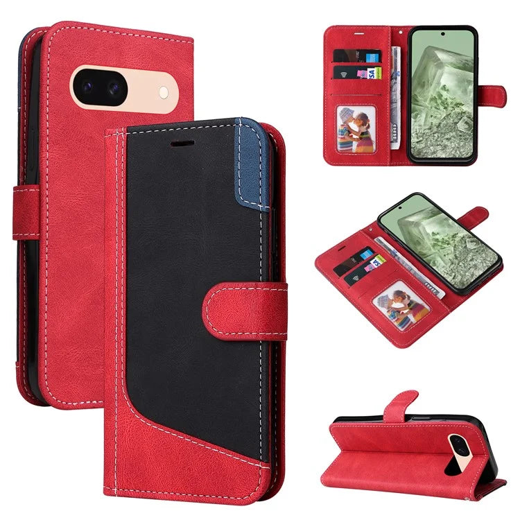 For Google Pixel 8a Case Three-color Splicing Leather Wallet Stand Cover with Strap