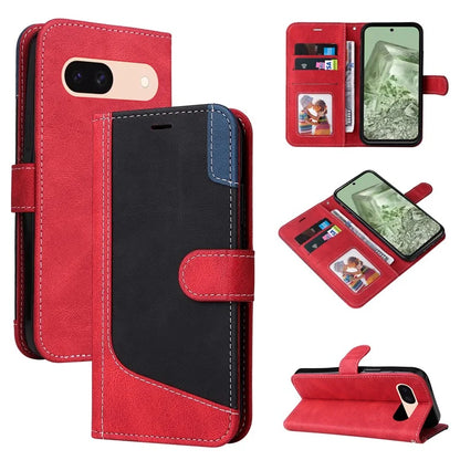 For Google Pixel 8a Case Three-color Splicing Leather Wallet Stand Cover with Strap