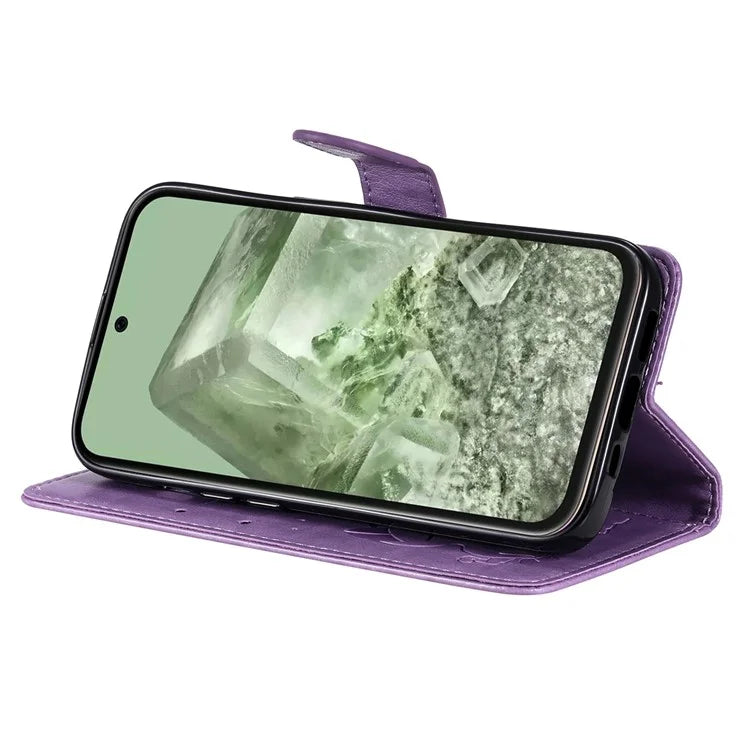 For Google Pixel 8a KT Imprinting Flower Series-4 Case Stand PU Leather Cell Phone Cover Wallet