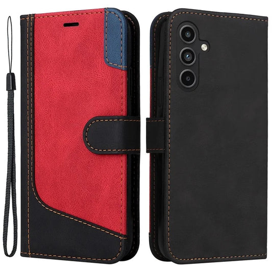 For Samsung Galaxy A15 5G Case Three-color Splicing Wallet Stand Phone Cover with Strap