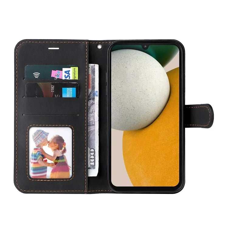 For Samsung Galaxy A15 5G Case Three-color Splicing Wallet Stand Phone Cover with Strap