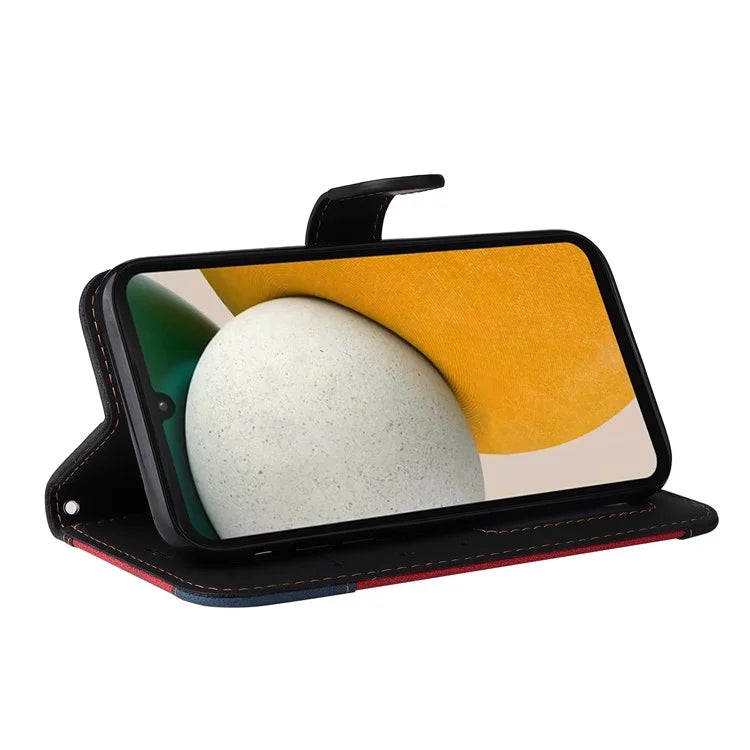 For Samsung Galaxy A15 5G Case Three-color Splicing Wallet Stand Phone Cover with Strap