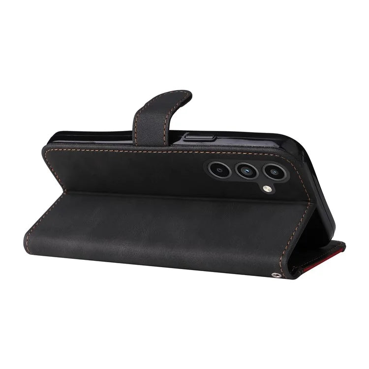 For Samsung Galaxy A15 5G Case Three-color Splicing Wallet Stand Phone Cover with Strap