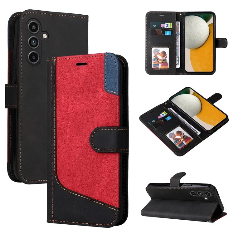 For Samsung Galaxy A15 5G Case Three-color Splicing Wallet Stand Phone Cover with Strap