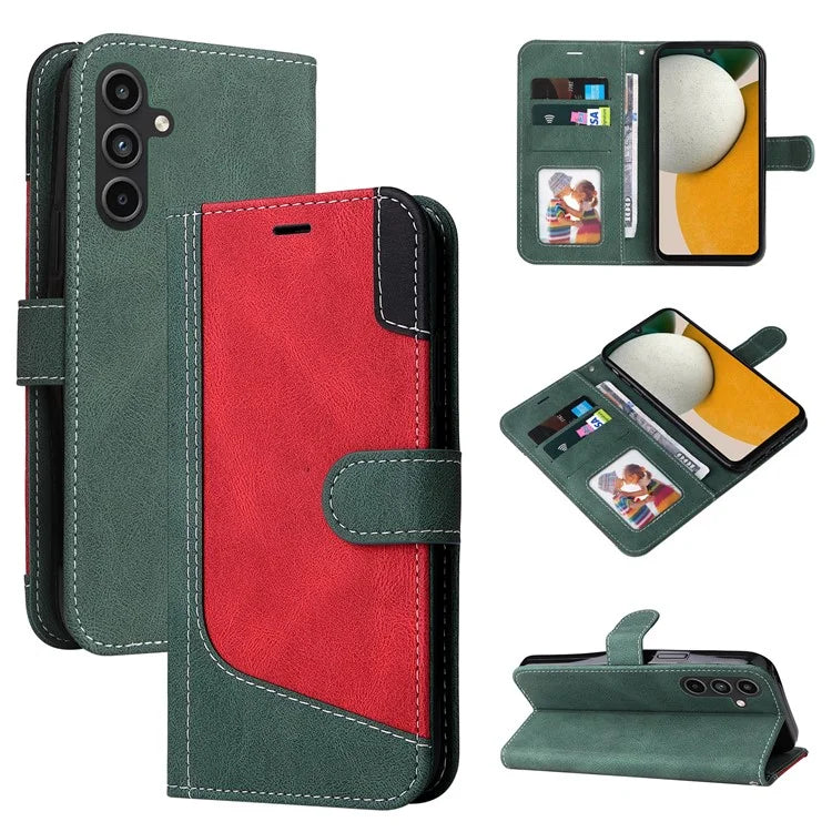 For Samsung Galaxy A15 5G Case Three-color Splicing Wallet Stand Phone Cover with Strap