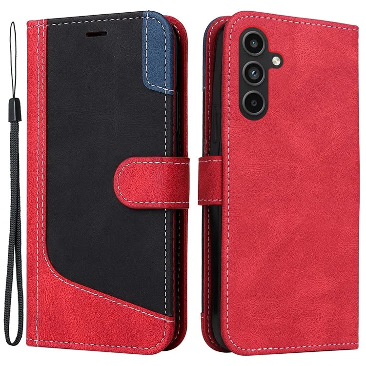For Samsung Galaxy A15 5G Case Three-color Splicing Wallet Stand Phone Cover with Strap