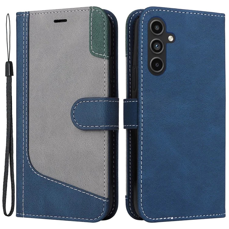 For Samsung Galaxy A15 5G Case Three-color Splicing Wallet Stand Phone Cover with Strap