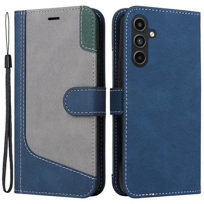 For Samsung Galaxy A15 5G Case Three-color Splicing Wallet Stand Phone Cover with Strap