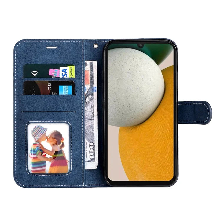 For Samsung Galaxy A15 5G Case Three-color Splicing Wallet Stand Phone Cover with Strap