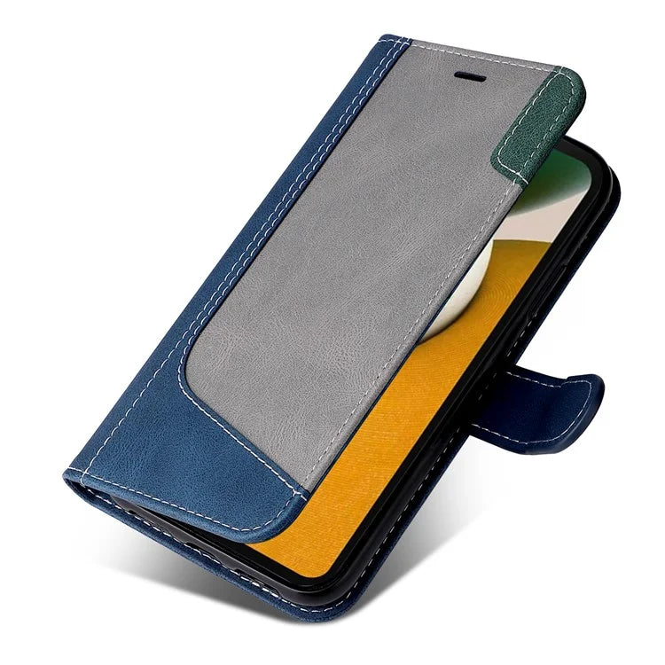 For Samsung Galaxy A15 5G Case Three-color Splicing Wallet Stand Phone Cover with Strap