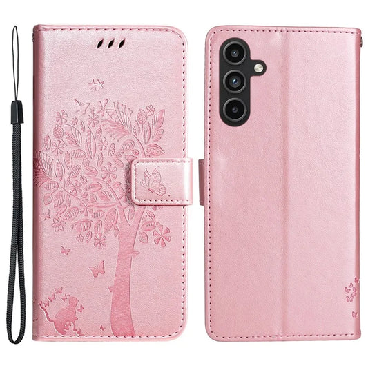 KT Imprinting Flower Series-3 for Samsung Galaxy A15 5G Case Imprinted Cat Tree Wallet Phone Cover Gold