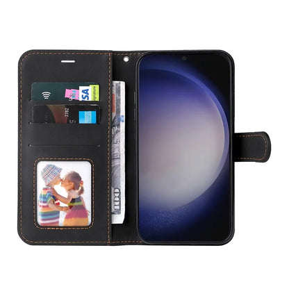For Samsung Galaxy S24+ Case Three-color Splicing Wallet Phone Cover with Strap