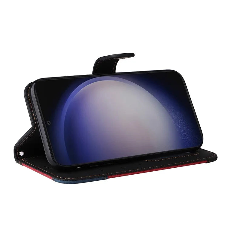 For Samsung Galaxy S24+ Case Three-color Splicing Wallet Phone Cover with Strap
