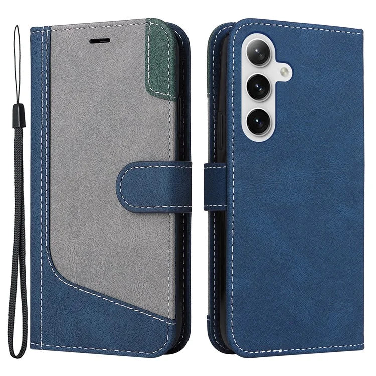 For Samsung Galaxy S24+ Case Three-color Splicing Wallet Phone Cover with Strap