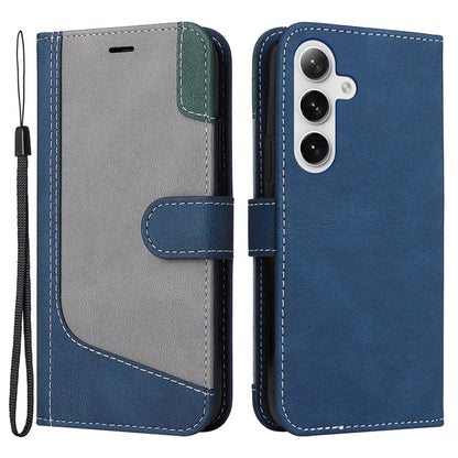 For Samsung Galaxy S24+ Case Three-color Splicing Wallet Phone Cover with Strap