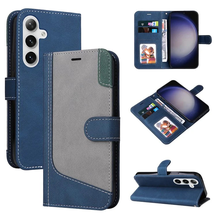 For Samsung Galaxy S24+ Case Three-color Splicing Wallet Phone Cover with Strap