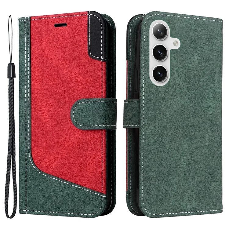 For Samsung Galaxy S24+ Case Three-color Splicing Wallet Phone Cover with Strap