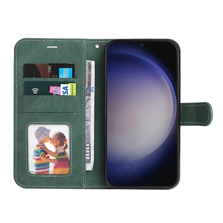 For Samsung Galaxy S24+ Case Three-color Splicing Wallet Phone Cover with Strap