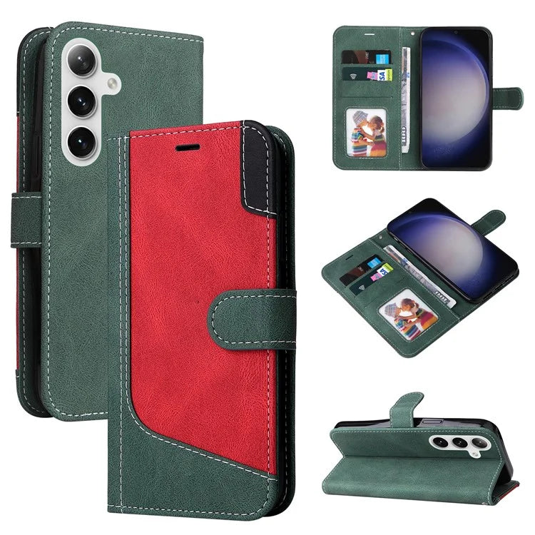 For Samsung Galaxy S24+ Case Three-color Splicing Wallet Phone Cover with Strap
